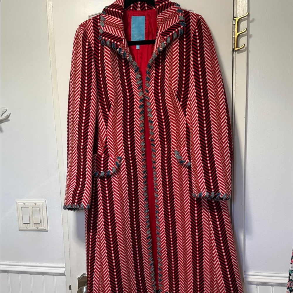 Escada Sport Red and Black Chevron Pea Coat Sz 38